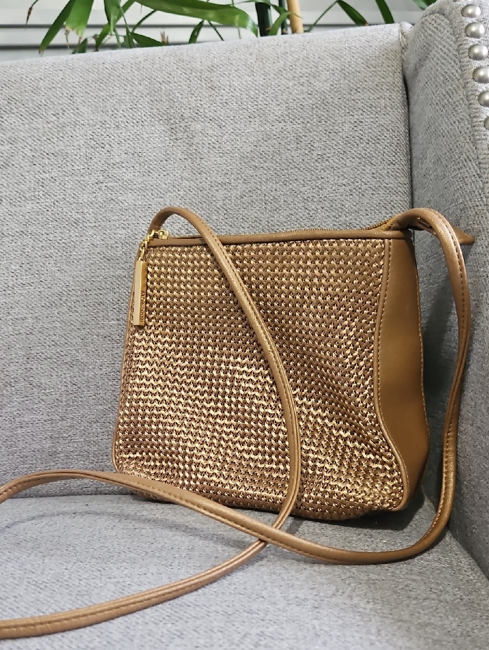 Mondani Woven Mini Metallic Crossbody Bag in Tan